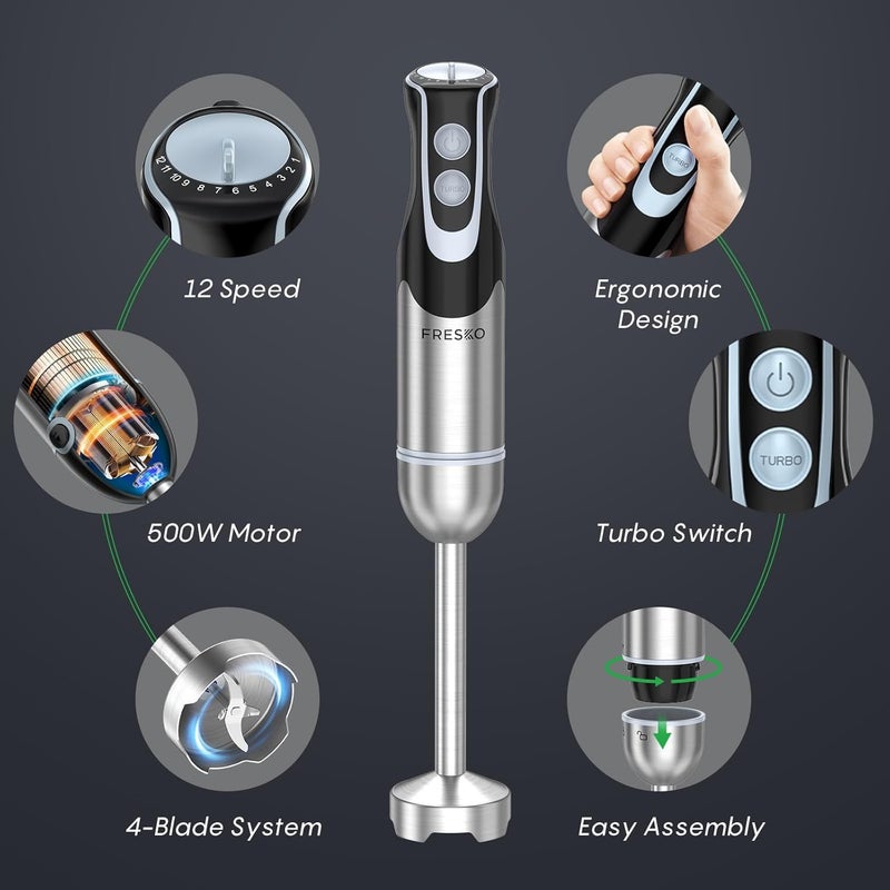 Fresko Immersion Blender Handheld, 4-in-1 Stainless Steel Hand Electric Stick Mixer with 12-Speeds & Turbo Mode, Powerful 500W Emulsion Blender with Beaker, Chopper & Whisk - Image 2